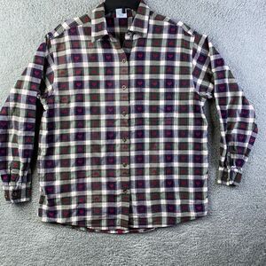Cascade Blue's Shirt Womens Large Long Sleeve Gray Red Hearts Plaid Button Up
